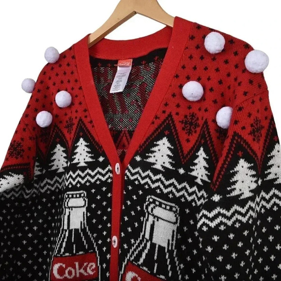 Coca Cola Ugly Christmas Cardigan Sweater Coke Polar Bears Red Black Size Small - Picture 6 of 11